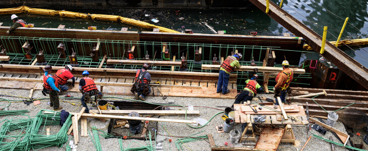 Construction workers on Chicago river front